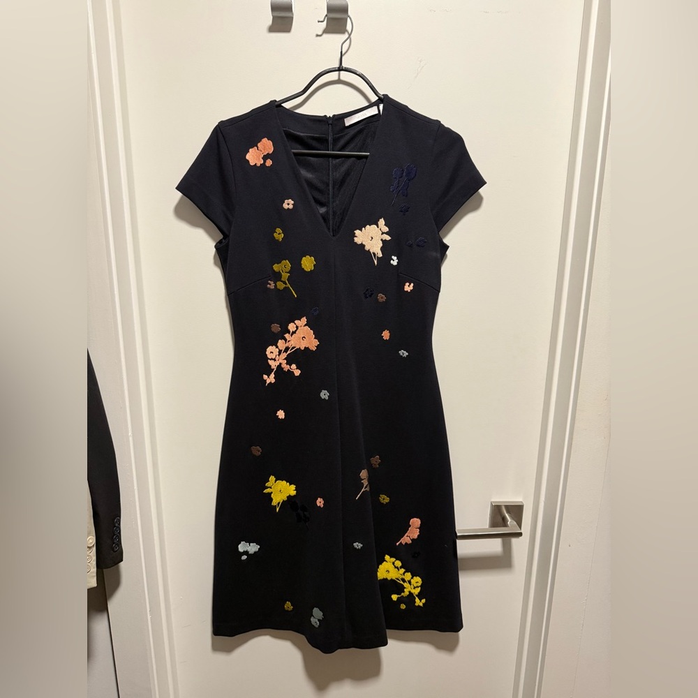 BOSS Dark Blue Midi Dress with Vibrant Floral Design, US 4, 6